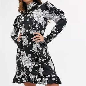 Missguided high neck puff sleeve mini dress in floral print - NEW